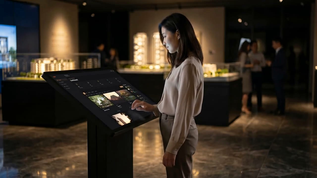 Over-the-shoulder view of the Cataluña interactive kiosk in use