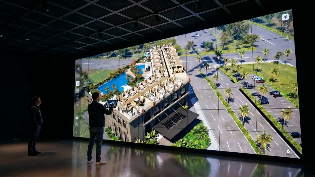 The Cataluña digital twin projected on the sales gallery LED wall