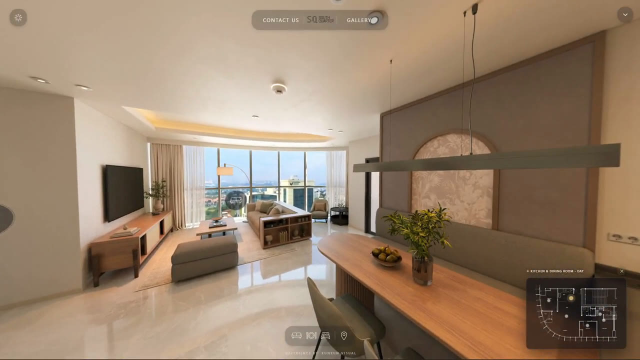 Kitchen and dining bar of the SQ Res unit in web VR