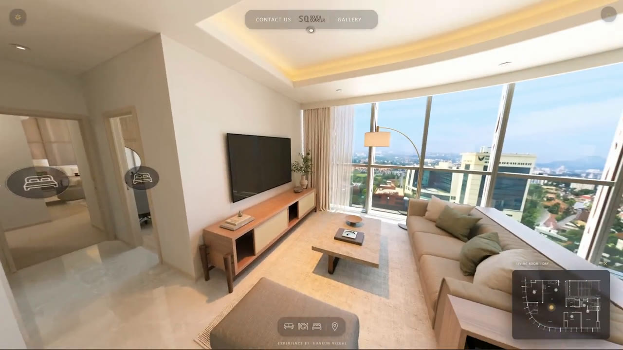 SQ Res living room in the web VR walkthrough, floor plan card in the corner