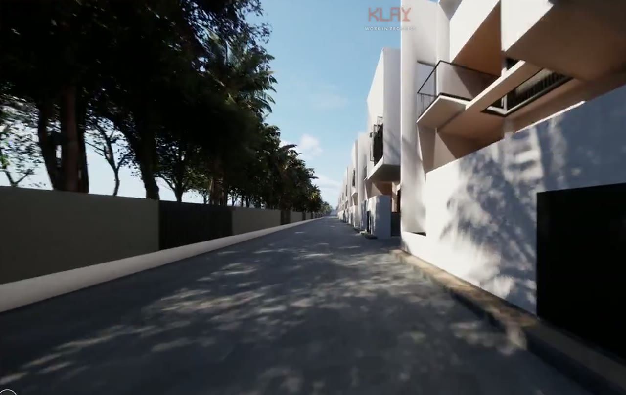 A sunlit street between the 11 Tanjung villas inside the real-time digital twin