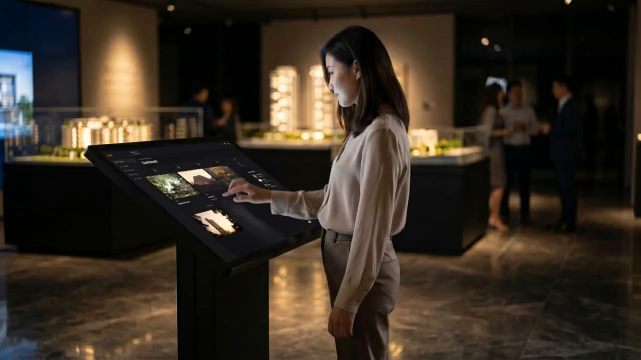 A buyer exploring Cataluña on the interactive kiosk in the sales gallery