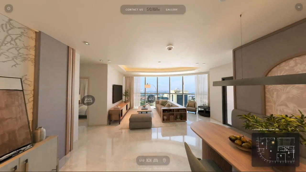 The SQ Res web VR show unit: living room with panoramic Jakarta view